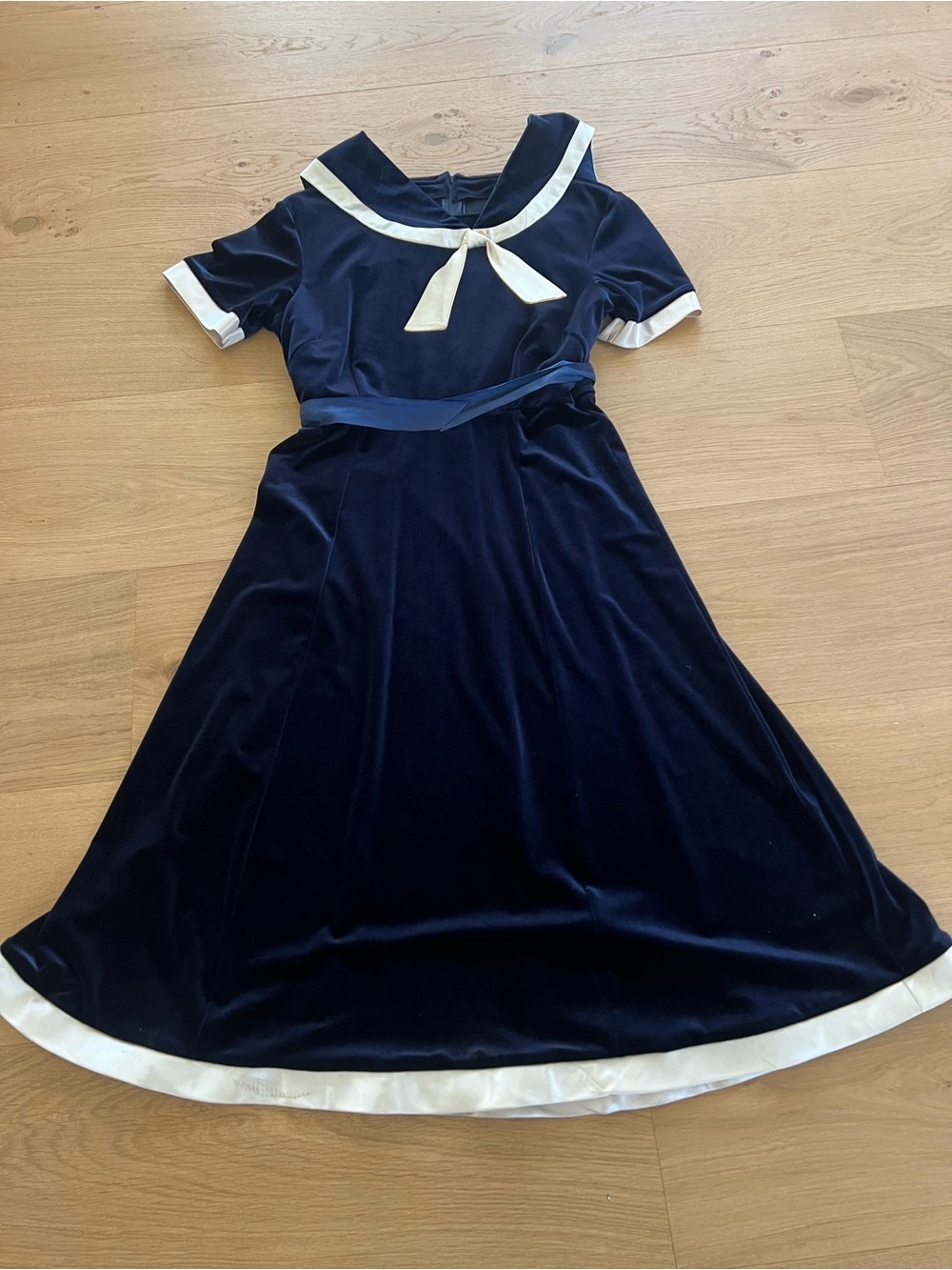 Navy Velvet Dress with Ivory Trim